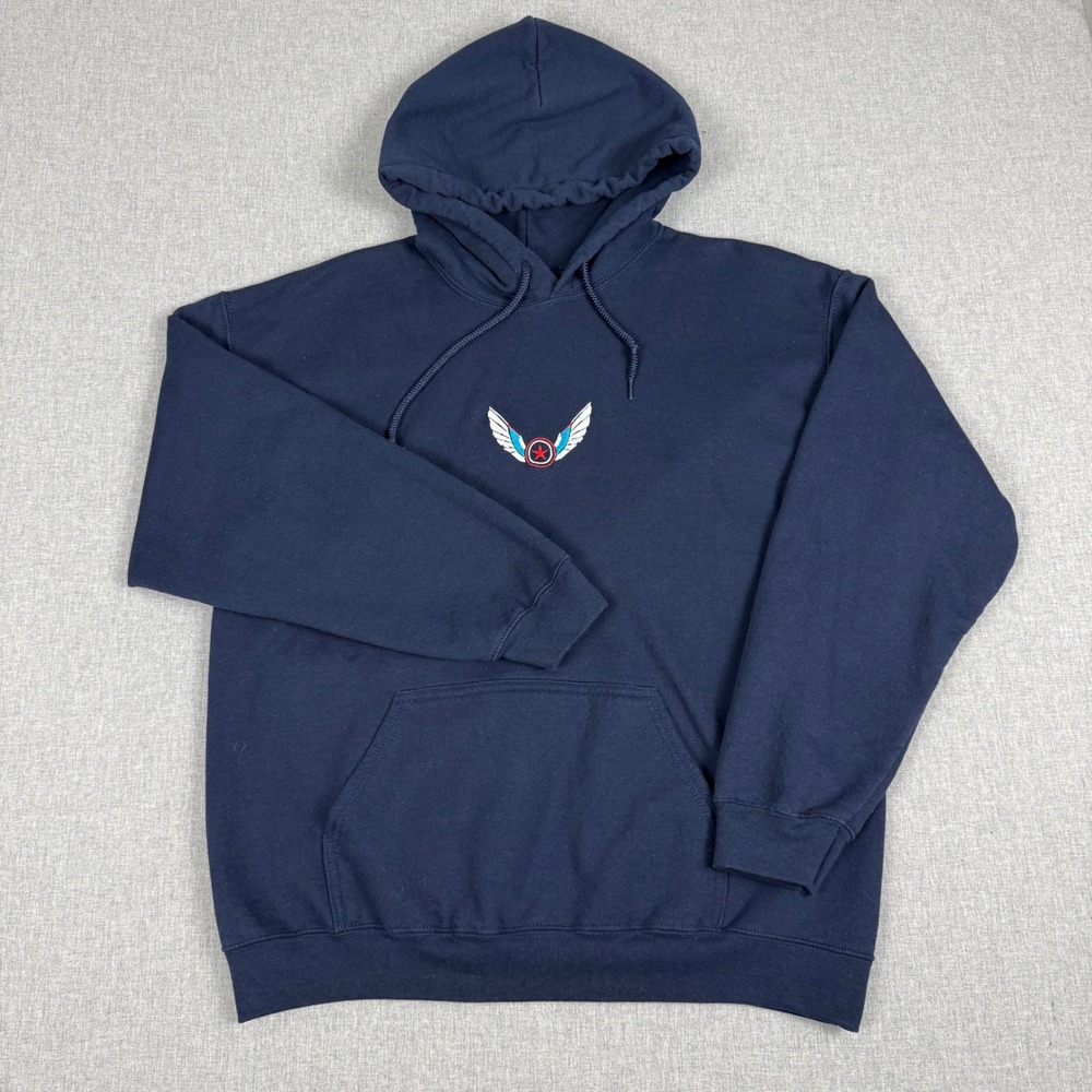 Gildan Navy Blue Captain America Falcon Logo Hoodie Size Large Marvel Sweatshirt